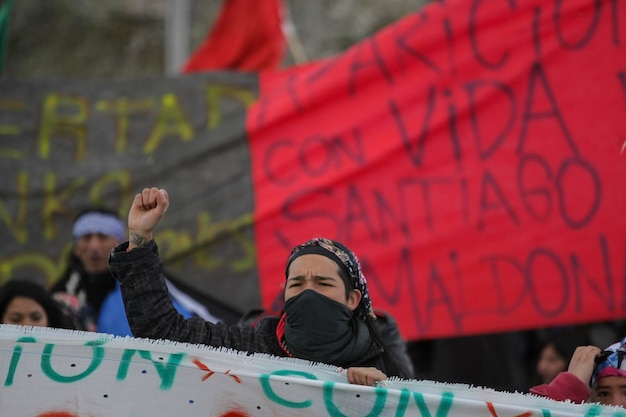 Foto manifestantes protestando com bandeiras ao ar livre