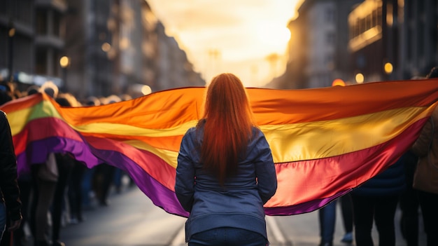 manifestantes segurando a bandeira da cor do arco-íris