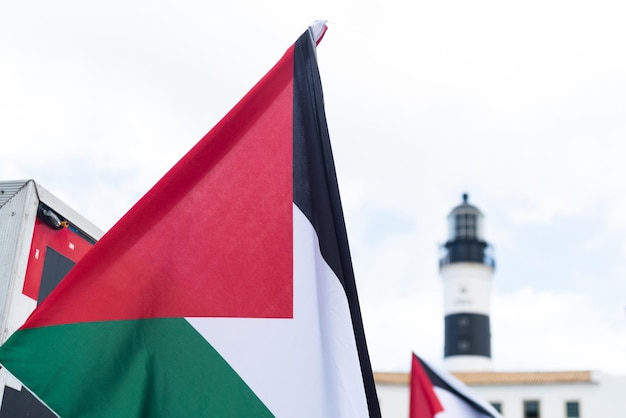 Los manifestantes son vistos sosteniendo la bandera palestina durante una protesta pacífica