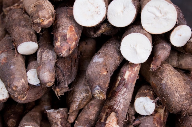 Manihot esculenta, comúnmente llamada yuca, mandioca, yuca, macaxeira, mandioca y aipim, en el mercado de alimentos.