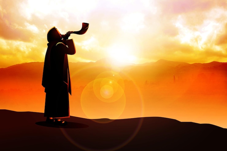 Foto manipulação de foto de um judeu tocando a trompa de carneiro do shofar no dia de rosh hashaná e yom kippur