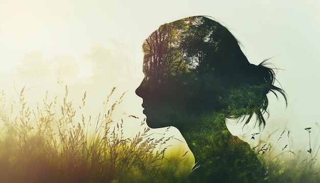 Foto una manipulación fotográfica conceptual que muestra la silueta de una mujer mezclándose con un paisaje natural