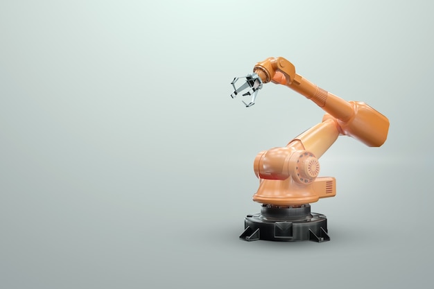 Manipulador de brazo robótico en fábrica. Tecnología de automatización industrial. Concepto de tecnología iot, fábrica inteligente. Operación de fabricación digital. Representación 3D, ilustración 3D.