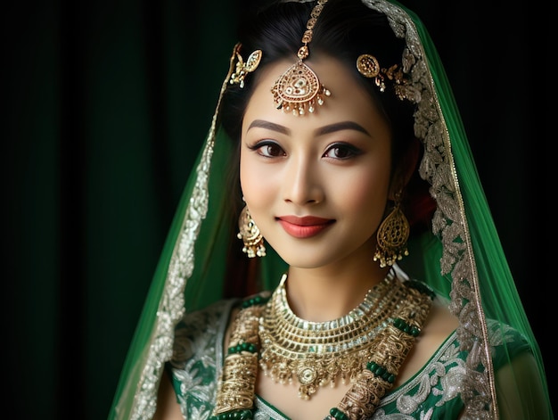 Manipuri-Braut in grüner Kleidung und Stammesschmuck fängt kulturelle Vielfalt ein
