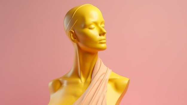 Un maniquí amarillo con fondo rosa.