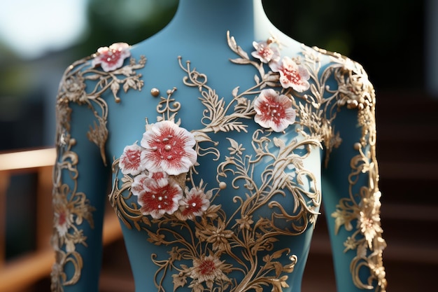 un maniquí azul con flores doradas y rosas