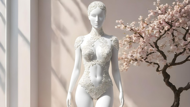 Un maniquí blanco en encaje blanco sobre un fondo blanco con árboles de sakura