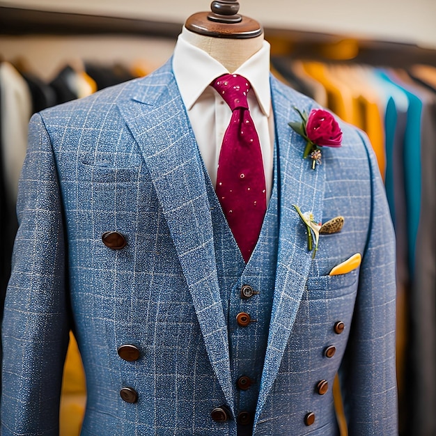 Un maniquí con corbata roja y camisa blanca con corbata roja.