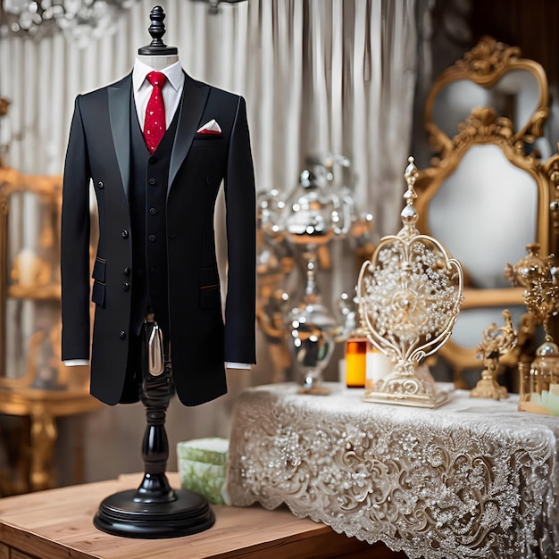 Un maniquí con corbata roja y corbata roja se sienta en una mesa.