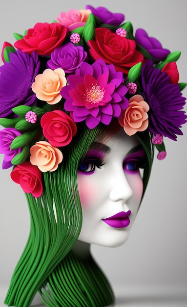Un maniquí con una corona de flores en la cabeza.