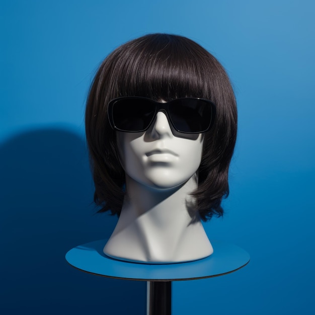 Maniquí elegante con gafas de sol en retrato de estudio de soporte azul