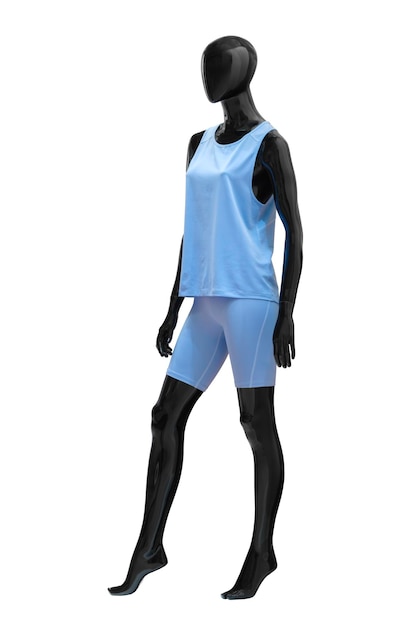 Maniquí femenino de una joven atlética con ropa deportiva azul aislada sobre un fondo blanco