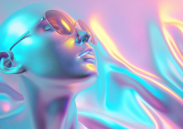 Foto maniquí holográfico con gafas de sol contra un fondo rosado y azul gradiente ia generativa