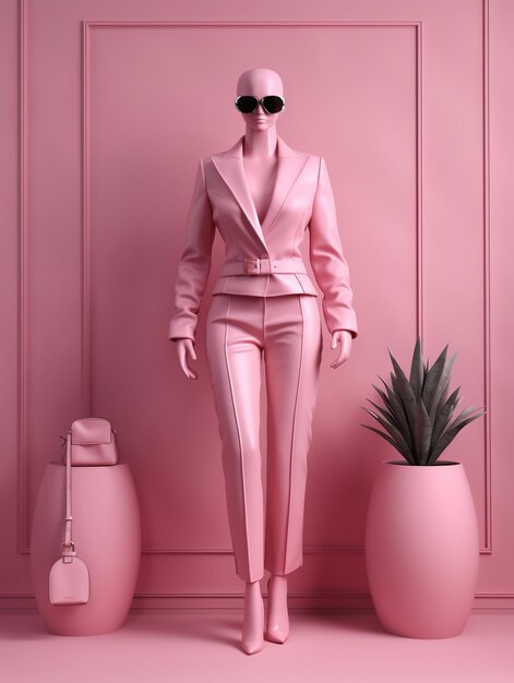 un maniquí lleva un traje rosa y gafas de sol