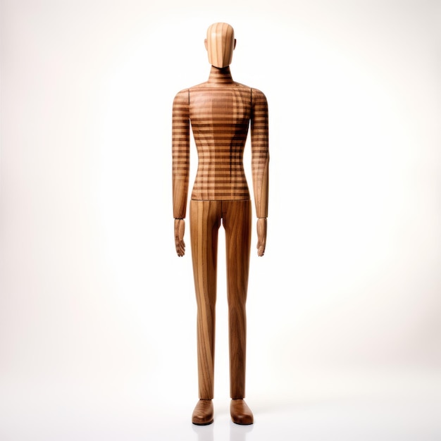 Foto maniquí de madera hecho a mano simetría hipnótica traje detallado 1970 presente