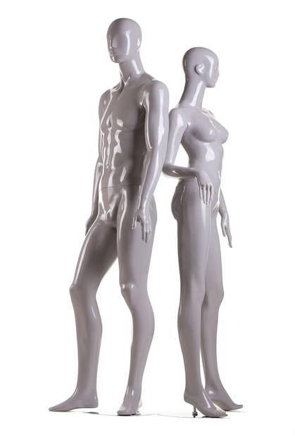 Maniquí masculino y femenino sobre fondo blanco.