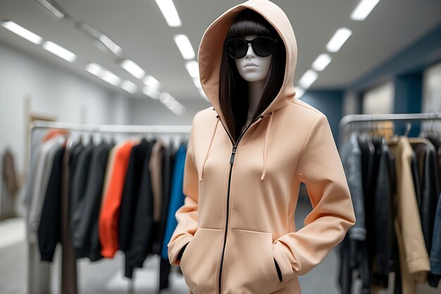 Un maniquí de moda con capucha en una tienda de ropa