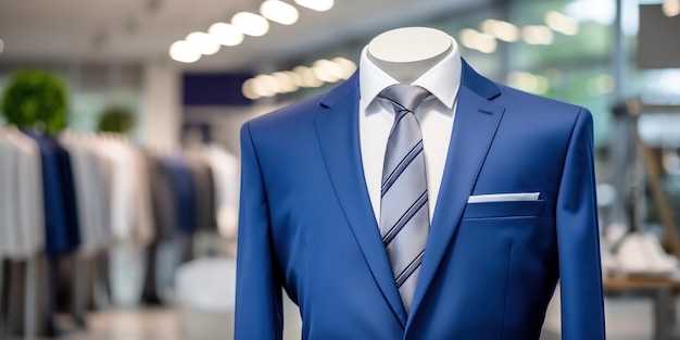 Maniquí muestra un elegante traje azul con una corbata gris claro listo para un evento formal