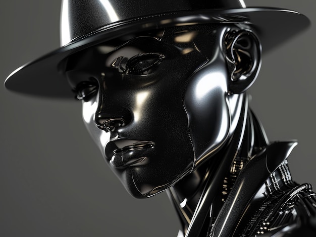 Un maniquí negro futurista con un acabado brillante con un sombrero elegante