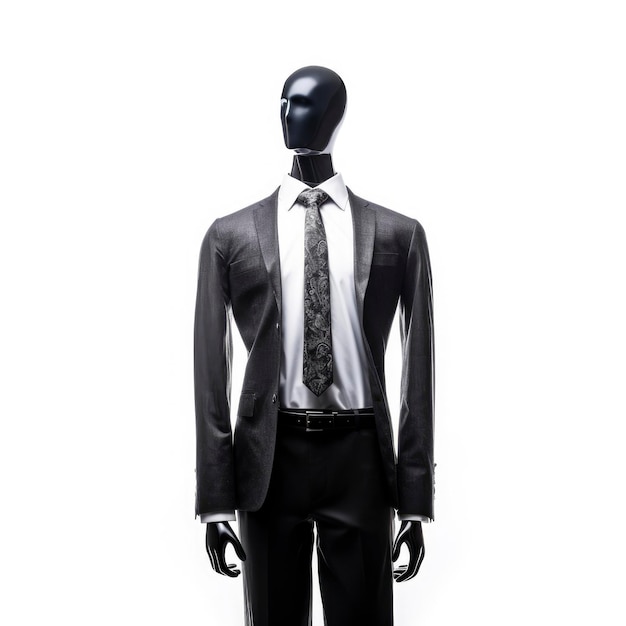 Un maniquí negro con traje y corbata.