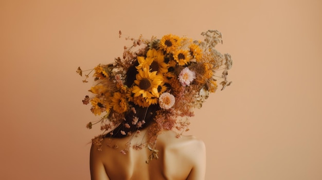 Un maniquí con un ramo de flores en la cabeza.