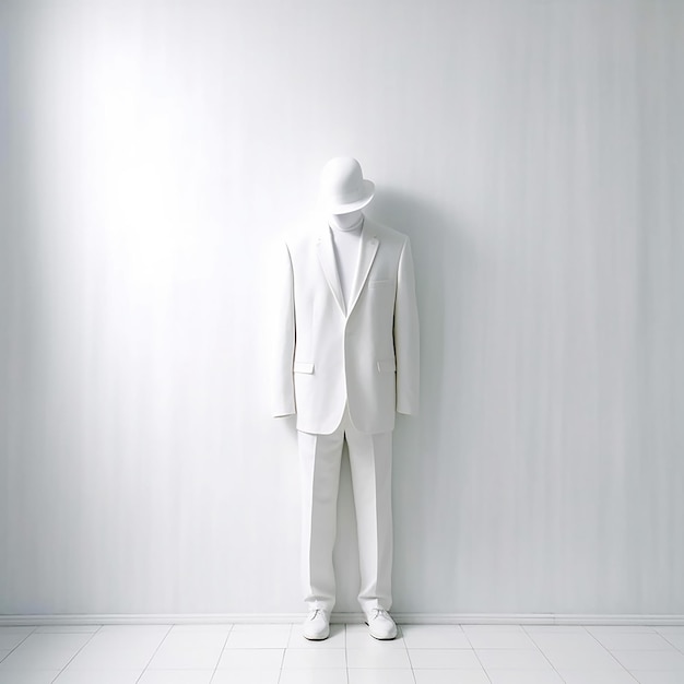 un maniquí con un traje blanco y una camisa que dice " traje ".