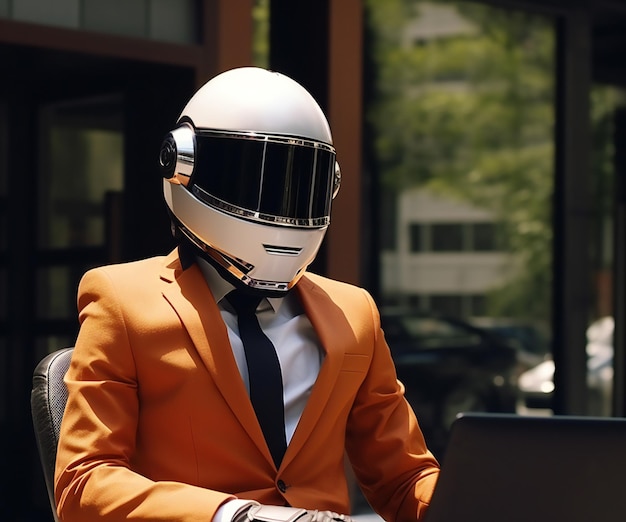 Maniquí con traje y casco con una laptop en la calle