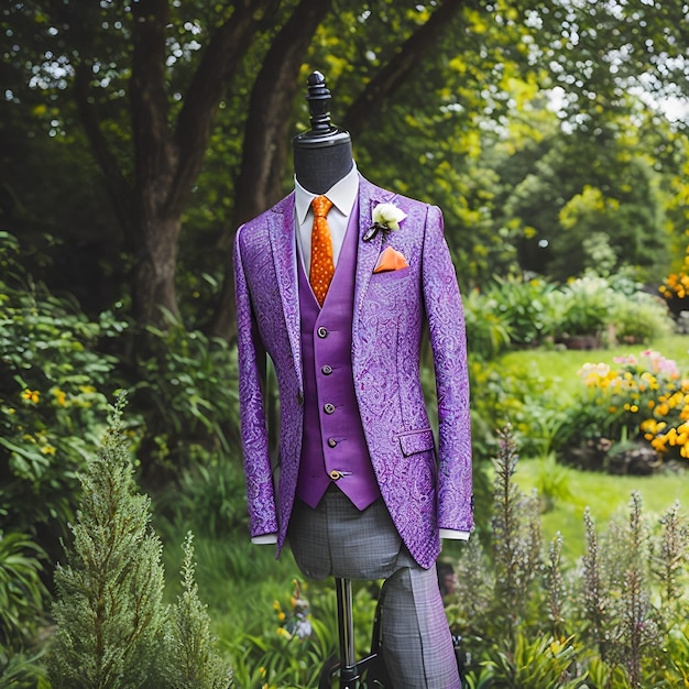 Foto un maniquí con traje morado y corbata naranja.