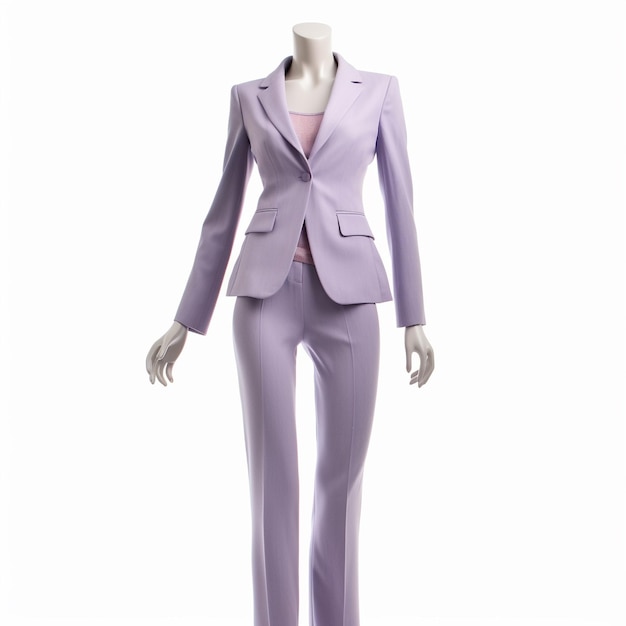 un maniquí con un traje morado y un traje encima.