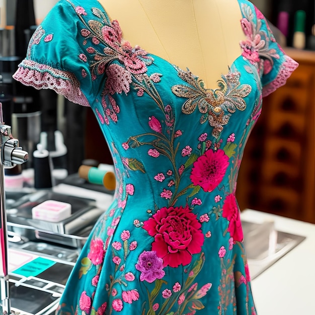 Un maniquí con un vestido floral con un microscopio al fondo.