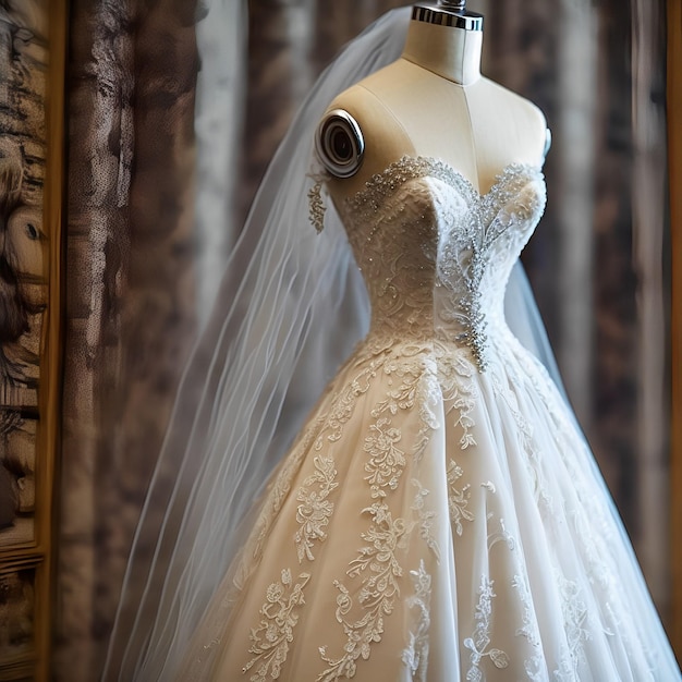 Un maniquí con un vestido de novia.