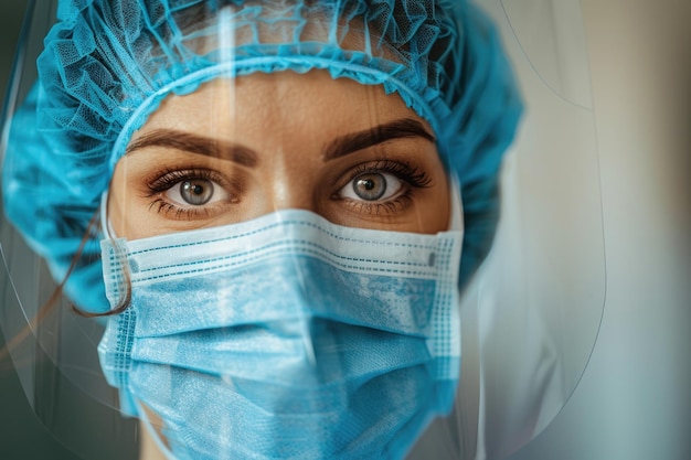 Un maniquí vestido con trajes azules y una máscara quirúrgica que simboliza las medidas de seguridad y atención médica