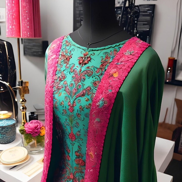 Un maniquí con vestido verde y flores rosas en la parte delantera.