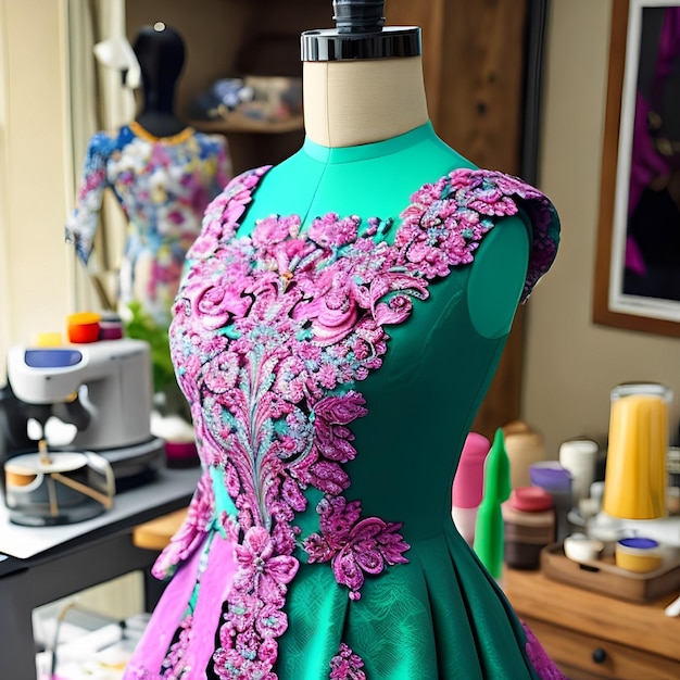 Un maniquí con un vestido verde con flores rosas.