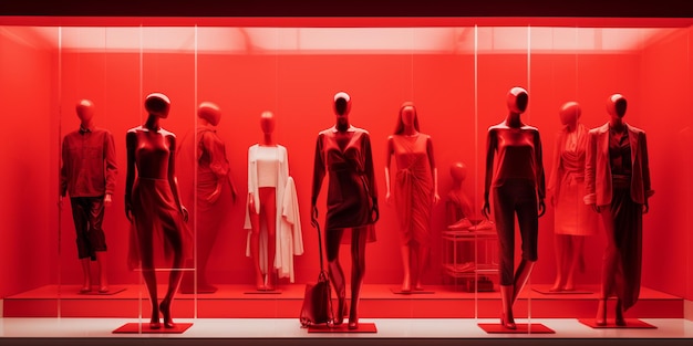 Foto maniquíes araffe en una vitrina roja con iluminación roja ai generativa