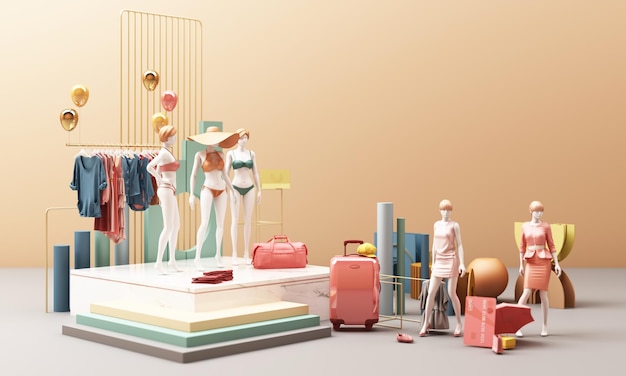 Maniquíes de ropa en una percha rodeada por una bolsa y un accesorio de mercado con representación en 3D de color pastel de forma geométrica