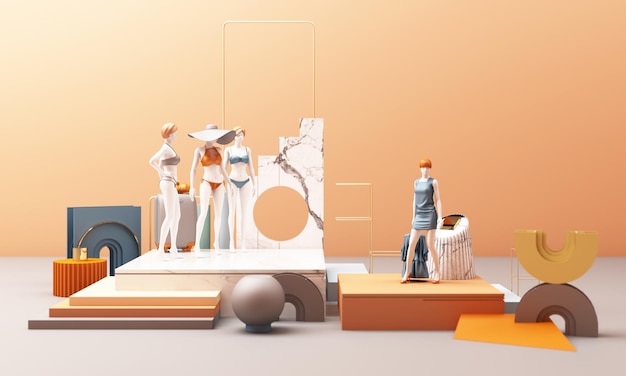 Maniquíes de ropa con representación 3d de color pastel de forma geométrica