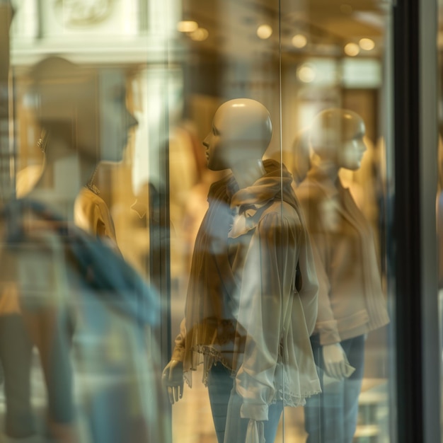 Foto maniquíes en una ventana de la tienda con un reloj en la pared