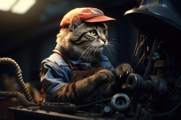 Manitas lindo gato haciendo reparación mecánica