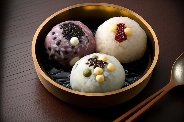 Manjar japonés que es frijol rojo congelado y bolas de arroz pegajosas