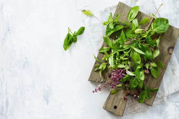 Manjericão verde e roxo em uma tábua