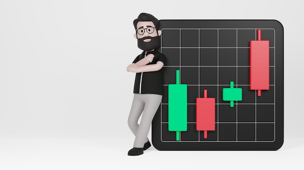 Mann 3D, der auf dem Handelsgrpah sich lehnt