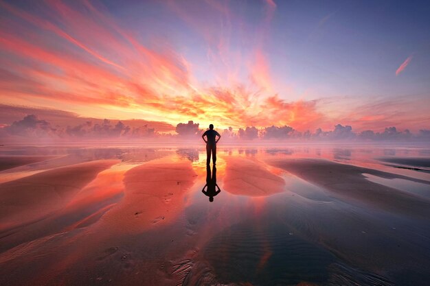 Foto mann am strand bei sonnenuntergang