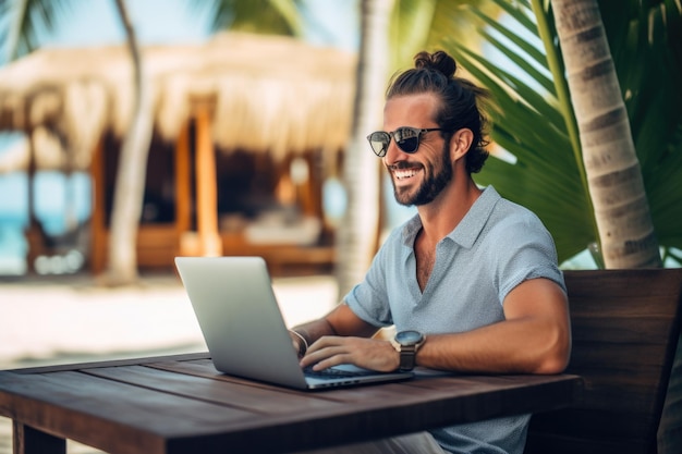 Mann am Strand mit Laptop, Palmen im Hintergrund