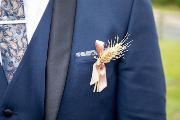 Mann Anzug Ohren von Weizenkorn Boutonniere von Blumen auf Weste Bräutigam