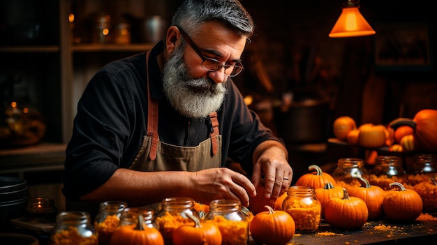 Mann arbeitet am Halloween-Tisch