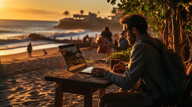 Mann arbeitet am Laptop am Strand Generative KI
