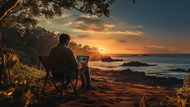 Mann arbeitet am Laptop am Strand Generative KI