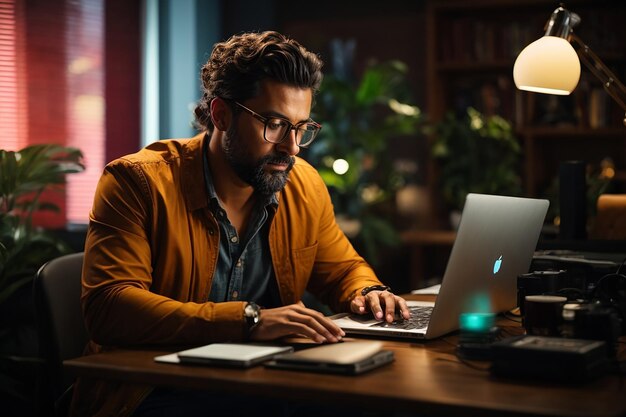 Mann arbeitet am Laptop über dem Schreibtisch