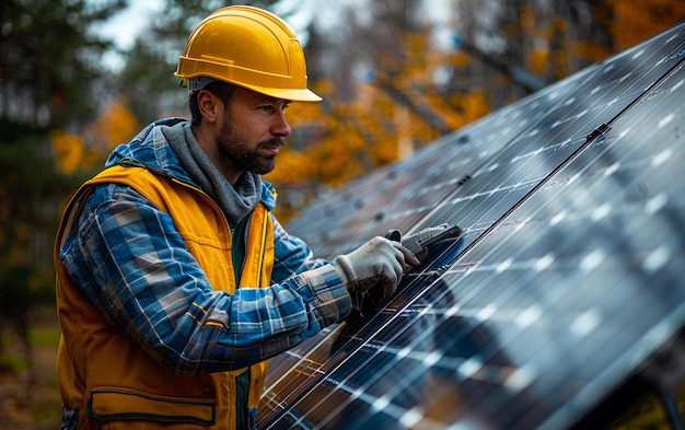 Mann arbeitet auf dem Feld bei den Solaranlagen